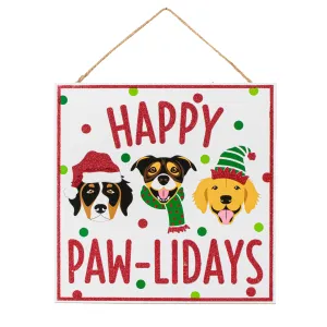 10" Square Wooden Sign: Glitter Happy Paw-Lidays