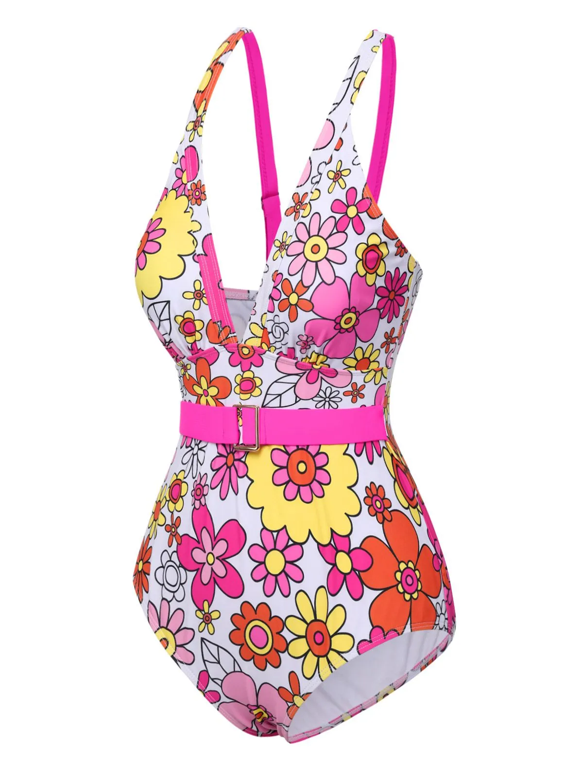 1960s Flowers Back-Cross Strap Belt Swimsuit
