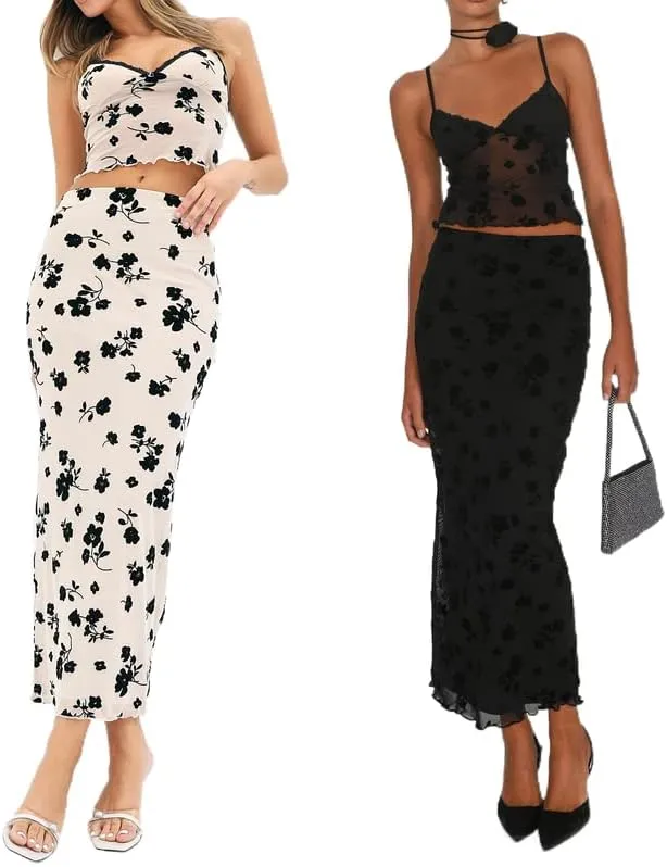 2 Piece Maxi Skirt Set for Women Slim Fit Sleeveless Tank Tops High Split Long Skirts Outfits