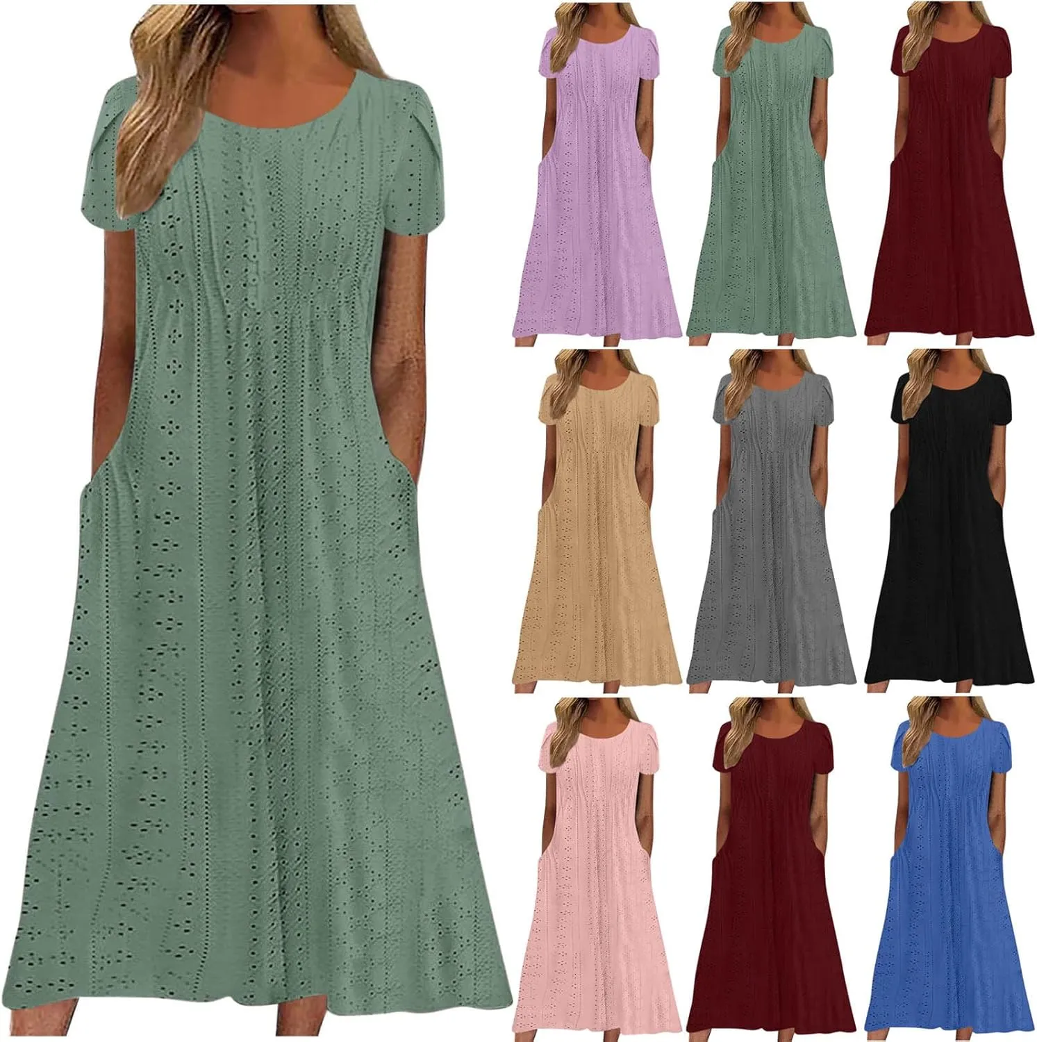 2025 Summer Dress for Womens Dressy Casual Sundress Hollow Out Eyelet Embroidery Maxi Dress Petal Sleeve Beach Dresses