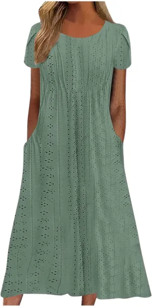 2025 Summer Dress for Womens Dressy Casual Sundress Hollow Out Eyelet Embroidery Maxi Dress Petal Sleeve Beach Dresses