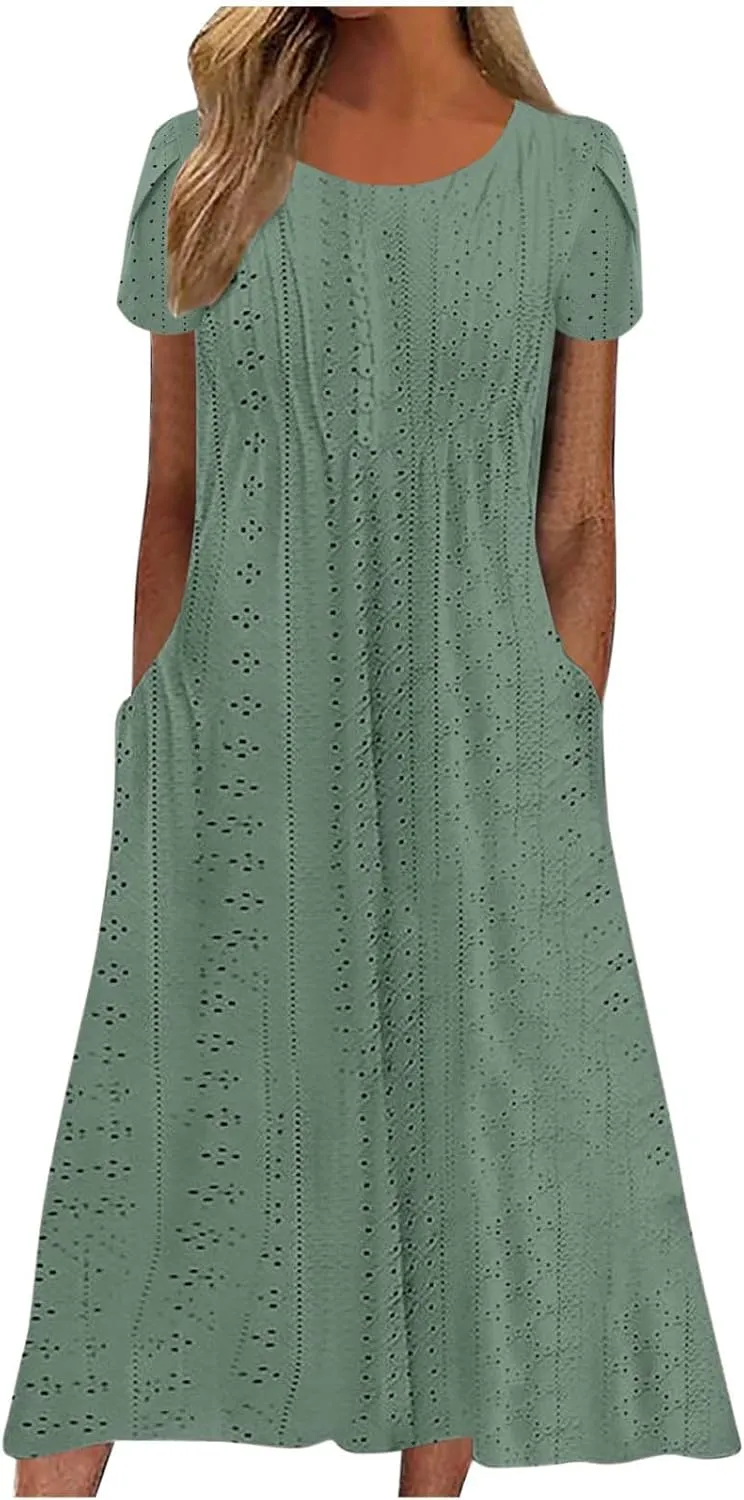2025 Summer Dress for Womens Dressy Casual Sundress Hollow Out Eyelet Embroidery Maxi Dress Petal Sleeve Beach Dresses