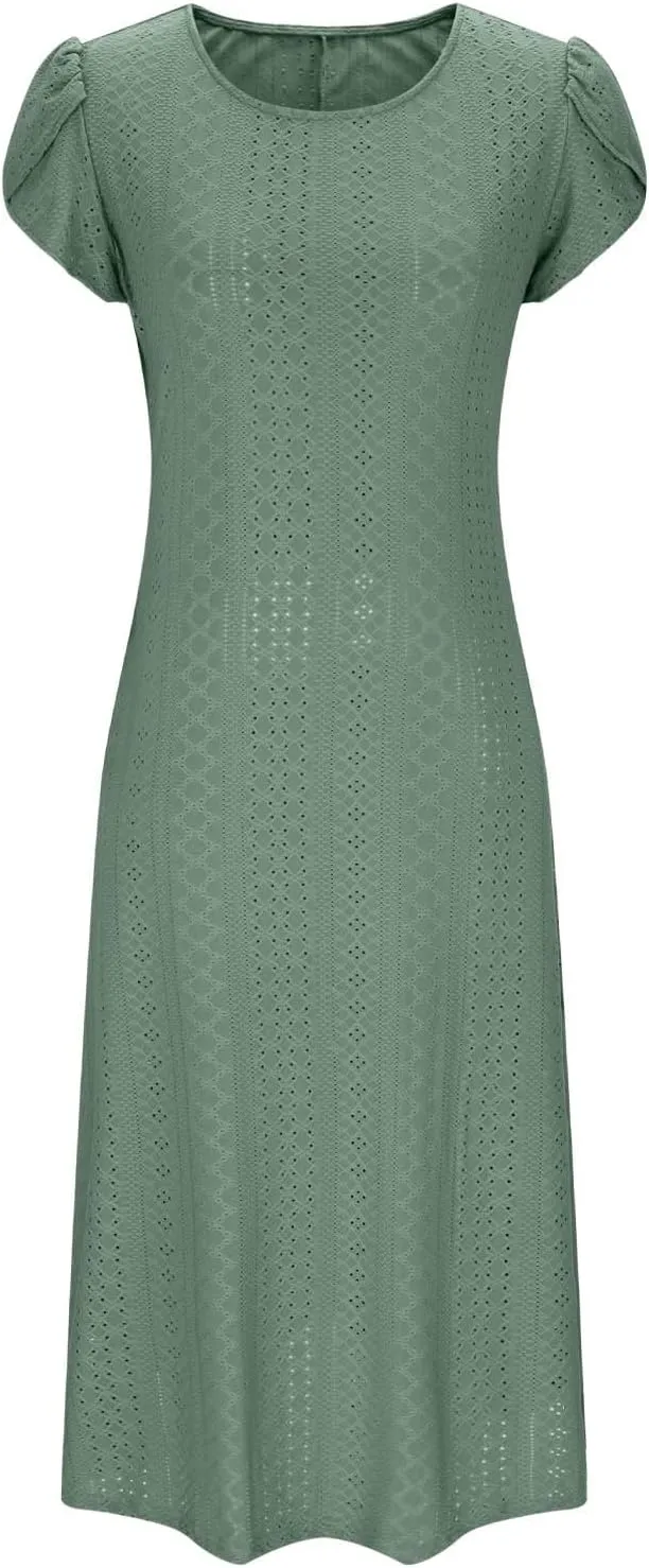 2025 Summer Dress for Womens Dressy Casual Sundress Hollow Out Eyelet Embroidery Maxi Dress Petal Sleeve Beach Dresses