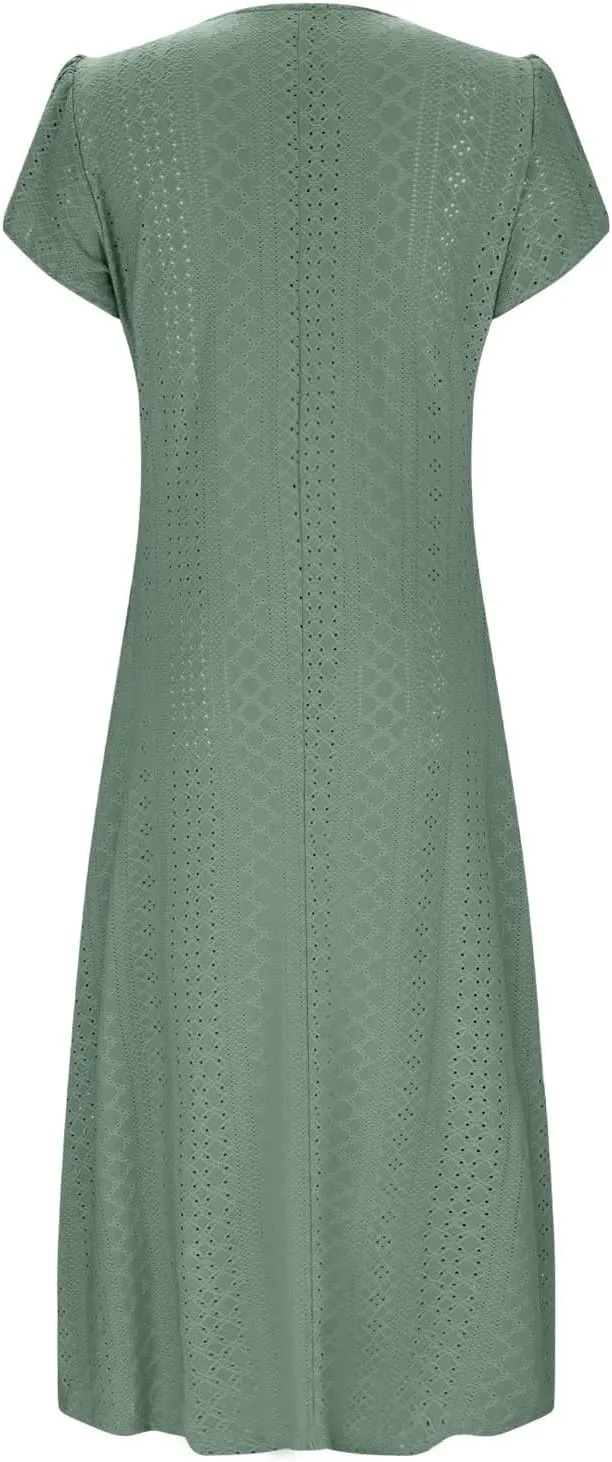 2025 Summer Dress for Womens Dressy Casual Sundress Hollow Out Eyelet Embroidery Maxi Dress Petal Sleeve Beach Dresses
