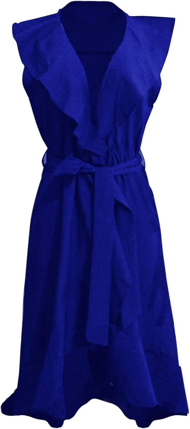 2025 Summer Dresses Women Wrap Midi Dress Casual Boho Deep Vneck Short Sleeve Ruffle Hem Split Beach Flowy Long Skirt