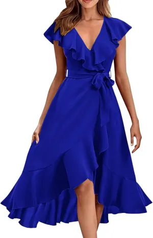 2025 Summer Dresses Women Wrap Midi Dress Casual Boho Deep Vneck Short Sleeve Ruffle Hem Split Beach Flowy Long Skirt