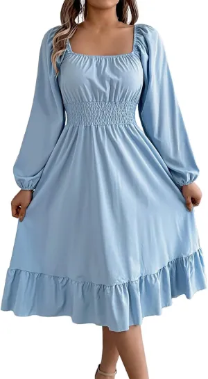 2025 Women Summer Dress Long Lantern Sleeve Square Neck Backless Sexy Dress Ruffle Elastic Waist A-Line Mini Dresses