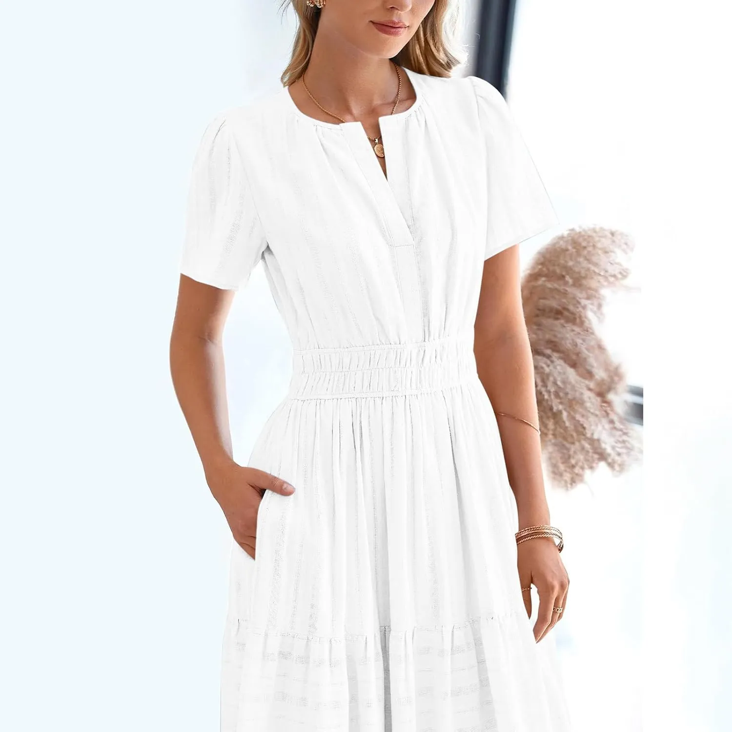 2025 Women V Neck Shirt Dress Summer Short Sleeve Casual Vacation Dresses Cut-Out Embroidered Eyelet Tiered Midi Dress