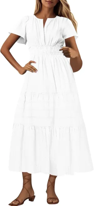 2025 Women V Neck Shirt Dress Summer Short Sleeve Casual Vacation Dresses Cut-Out Embroidered Eyelet Tiered Midi Dress