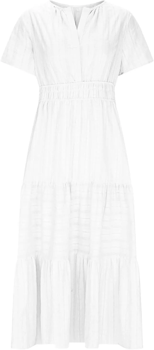 2025 Women V Neck Shirt Dress Summer Short Sleeve Casual Vacation Dresses Cut-Out Embroidered Eyelet Tiered Midi Dress