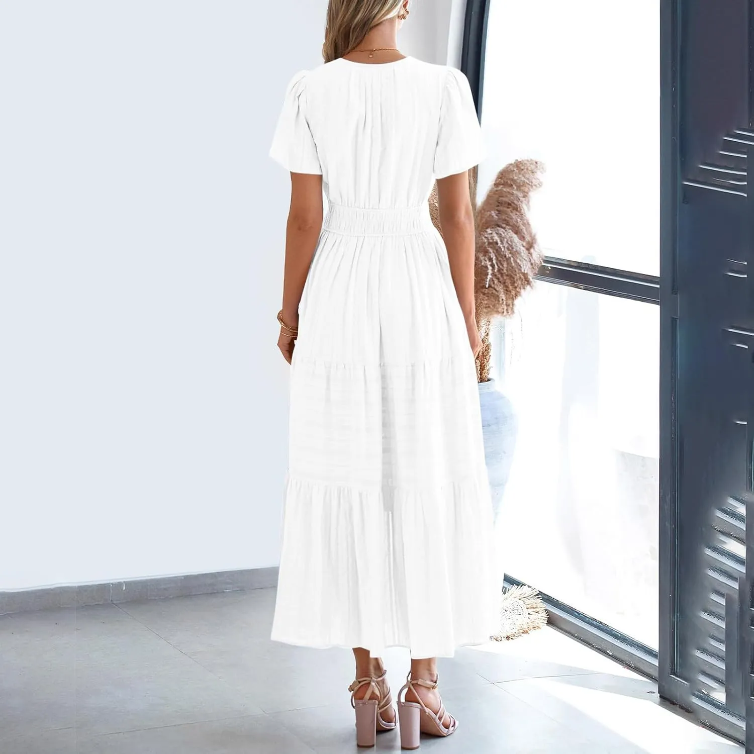 2025 Women V Neck Shirt Dress Summer Short Sleeve Casual Vacation Dresses Cut-Out Embroidered Eyelet Tiered Midi Dress