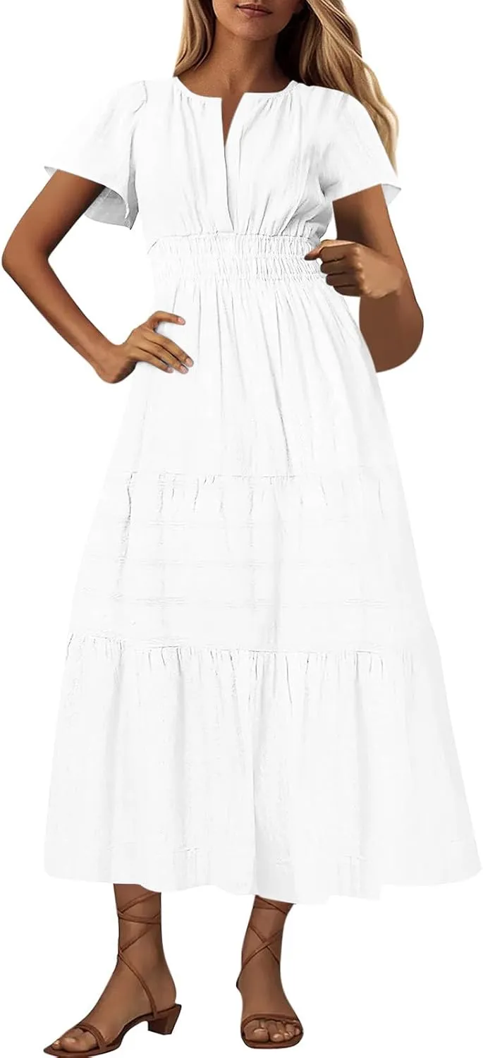 2025 Women V Neck Shirt Dress Summer Short Sleeve Casual Vacation Dresses Cut-Out Embroidered Eyelet Tiered Midi Dress