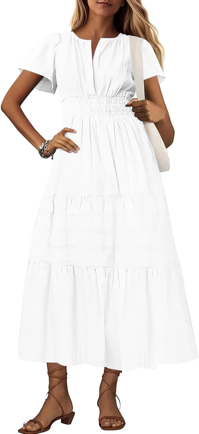 2025 Women V Neck Shirt Dress Summer Short Sleeve Casual Vacation Dresses Cut-Out Embroidered Eyelet Tiered Midi Dress