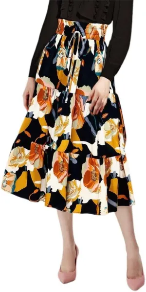 2025 Womens Floral Long Skirt Fashion Casual Flowy Swing Tiered Elastic Waisted Summer Beach Midi Skirt