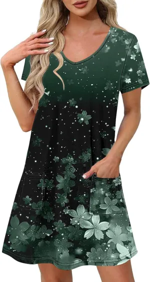 2025 Womens Summer Mini Dresses Casual Floral Shirt Dress Short Sleeve V-Neck Beach Sundress Pockets Swimsuit Coverup