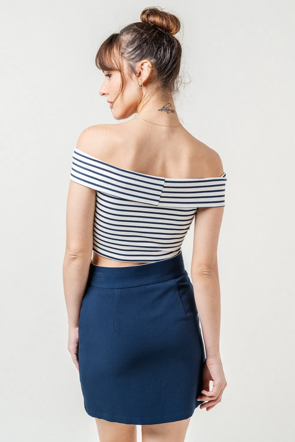 2pc set- stripe off the shoulder crop top & side slit maxi skirt