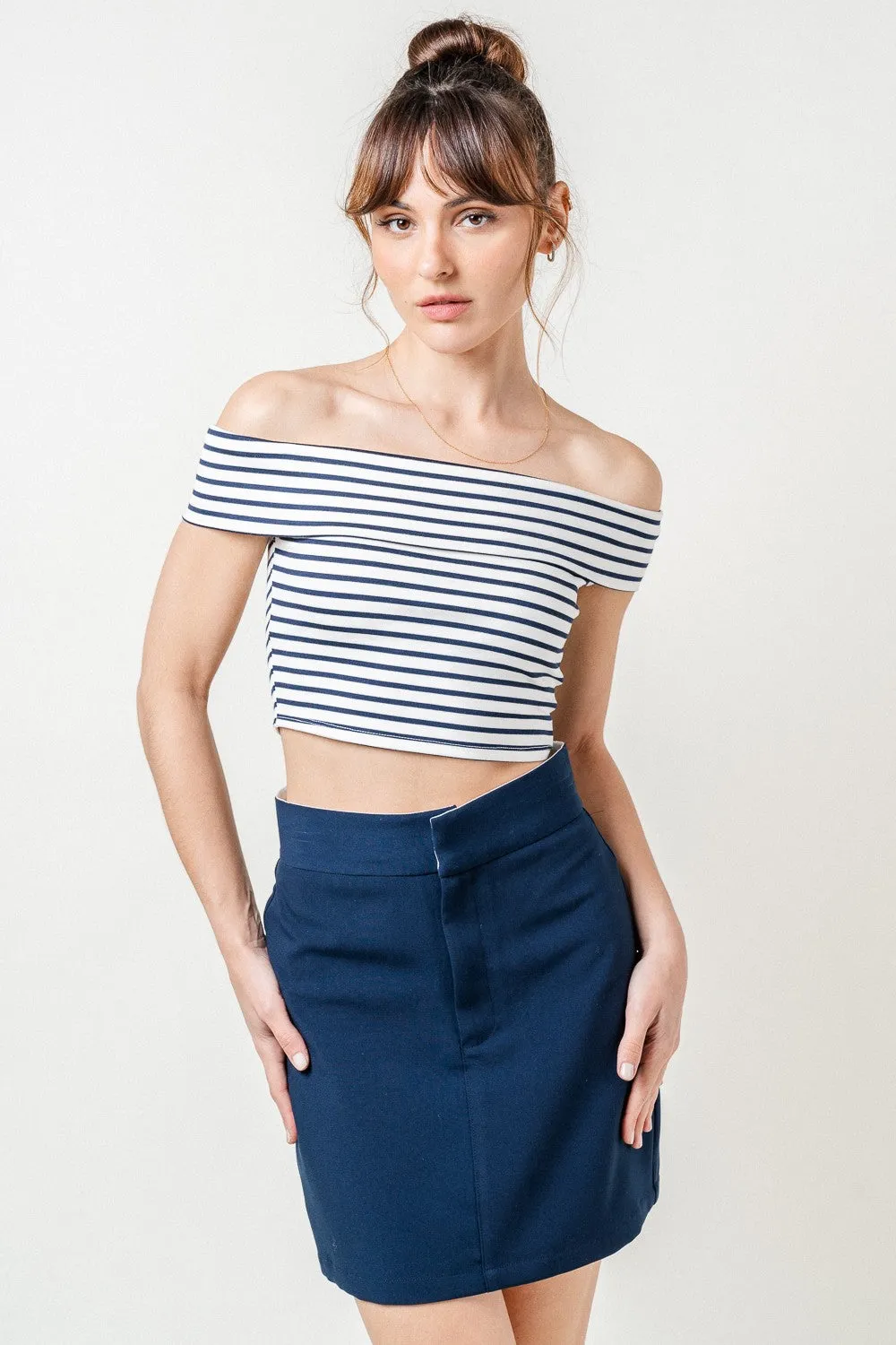 2pc set- stripe off the shoulder crop top & side slit maxi skirt