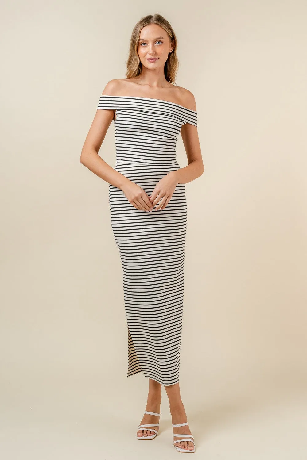 2pc set- stripe off the shoulder crop top & side slit maxi skirt