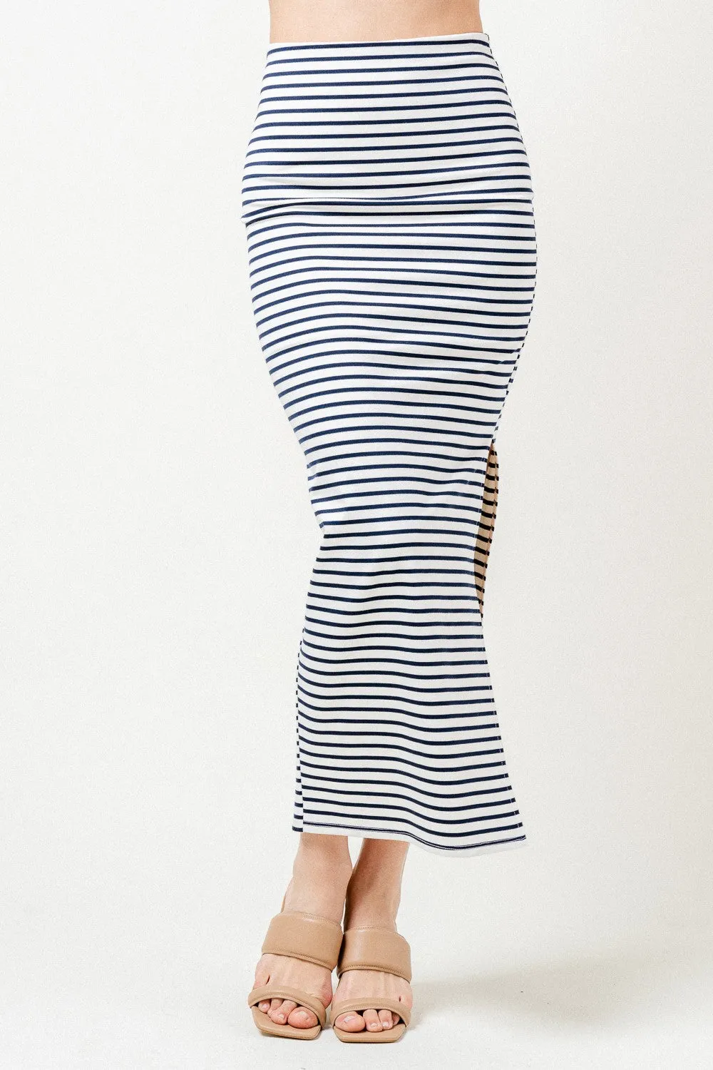 2pc set- stripe off the shoulder crop top & side slit maxi skirt