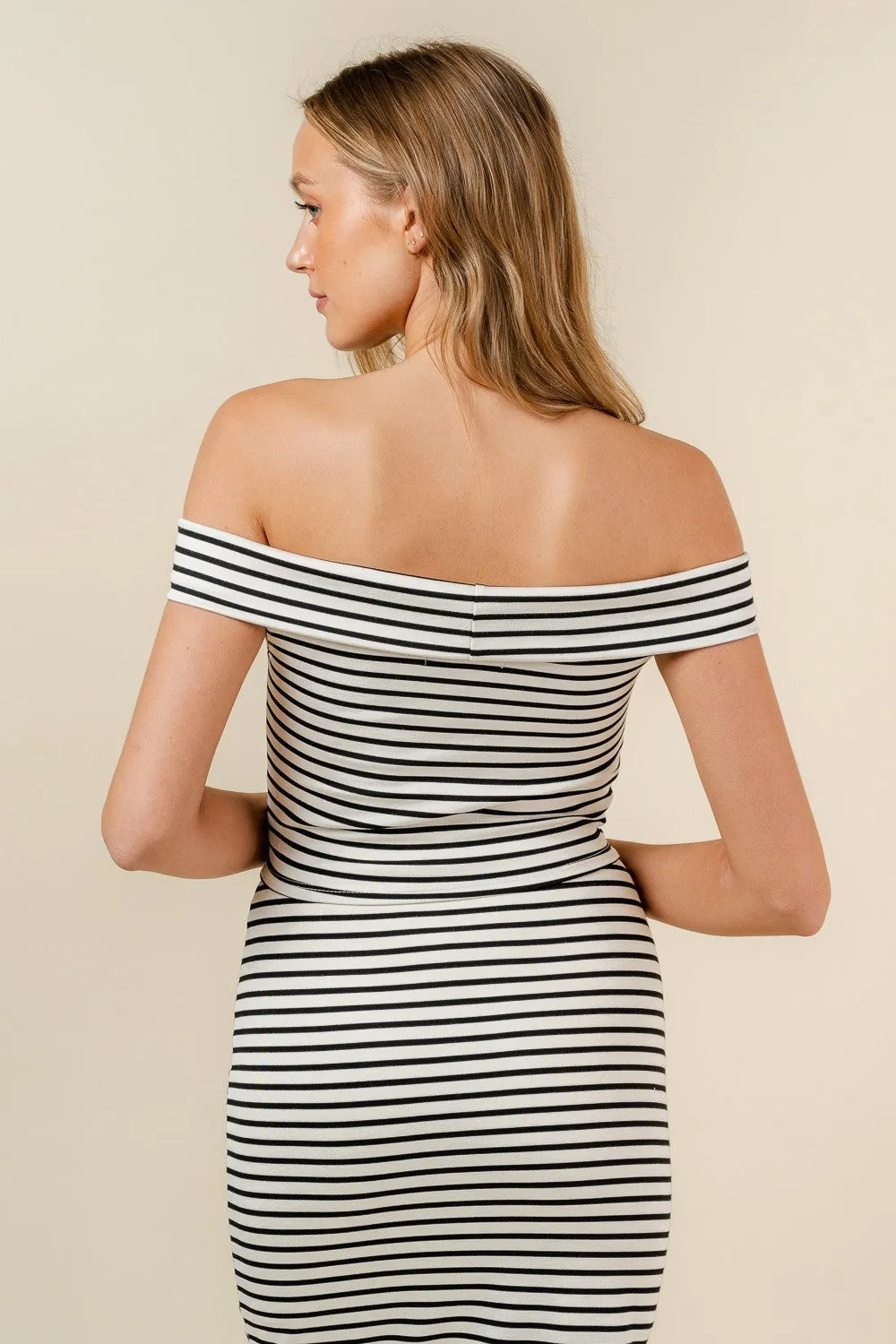 2pc set- stripe off the shoulder crop top & side slit maxi skirt