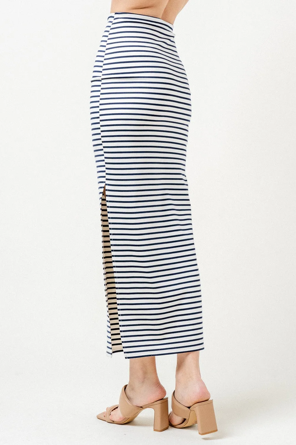 2pc set- stripe off the shoulder crop top & side slit maxi skirt
