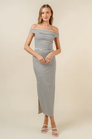 2pc set- stripe off the shoulder crop top & side slit maxi skirt