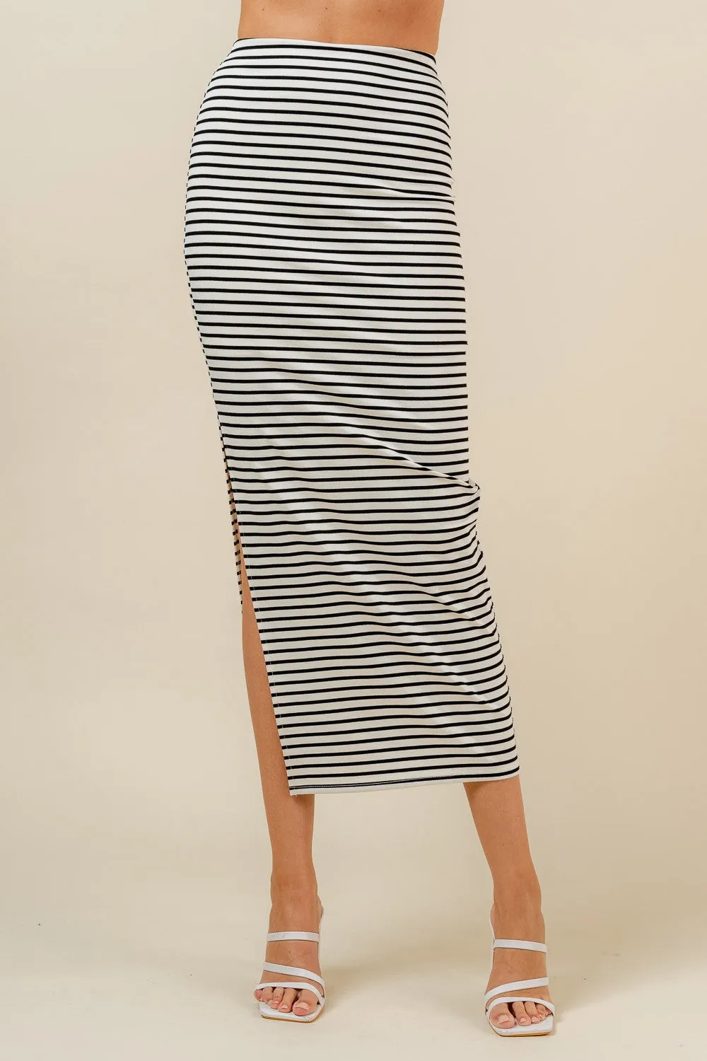 2pc set- stripe off the shoulder crop top & side slit maxi skirt