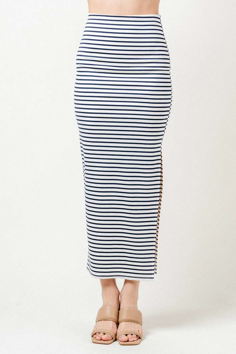 2pc set- stripe off the shoulder crop top & side slit maxi skirt
