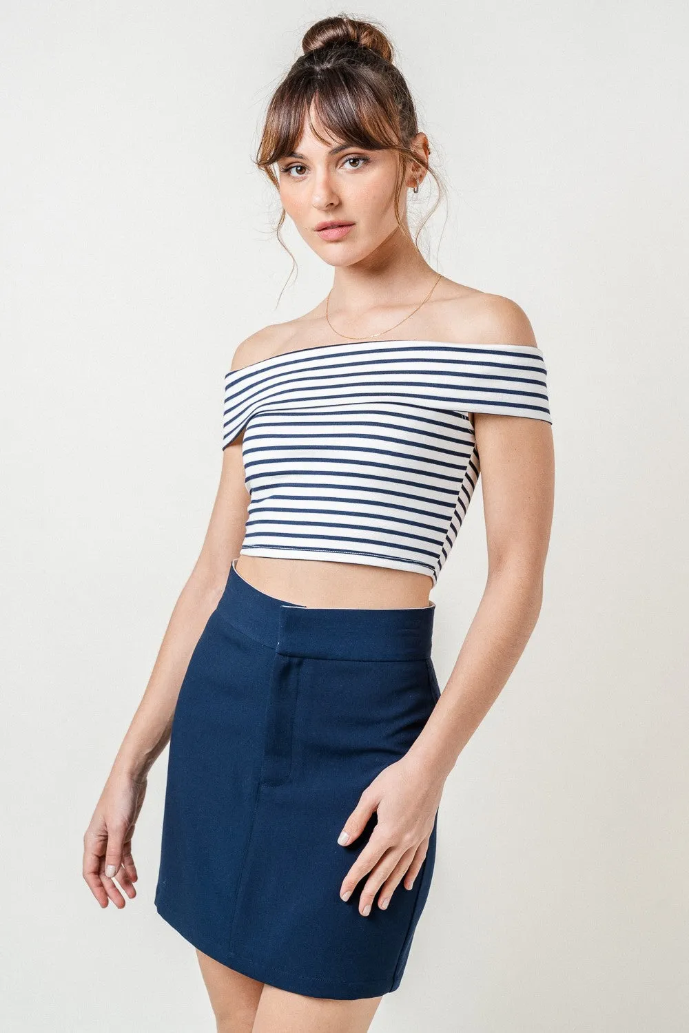 2pc set- stripe off the shoulder crop top & side slit maxi skirt