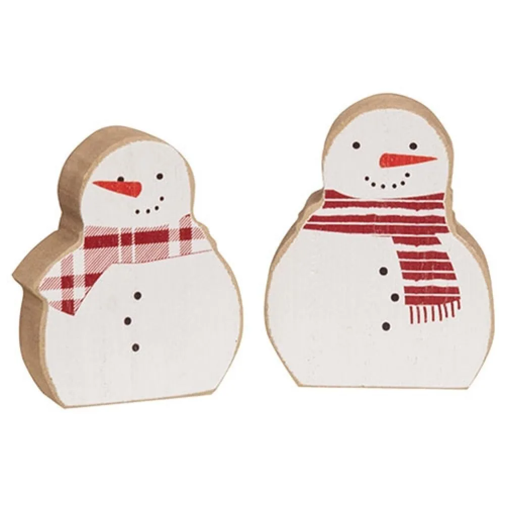 2/Set Snowmen w/Scarves Chunky Wooden Sitters