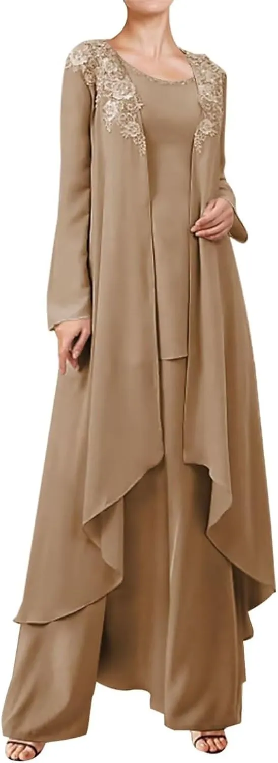 3 Pieces Mother of The Bride Dresses Pant Suits for Wedding Lace Chiffon Long Formal Gown Outfit Set with Jacket