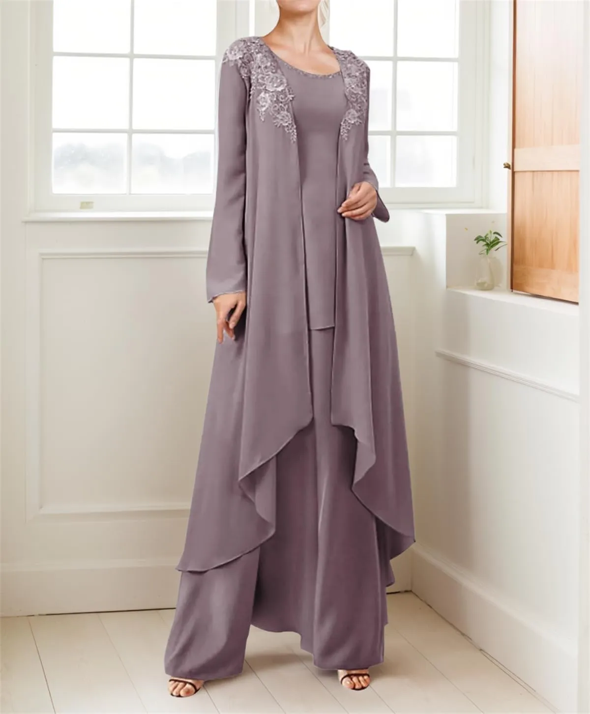 3 Pieces Mother of The Bride Dresses Pant Suits for Wedding Lace Chiffon Long Formal Gown Outfit Set with Jacket