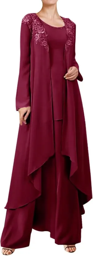3 Pieces Mother of The Bride Dresses Pant Suits for Wedding Lace Chiffon Long Formal Gown Outfit Set with Jacket