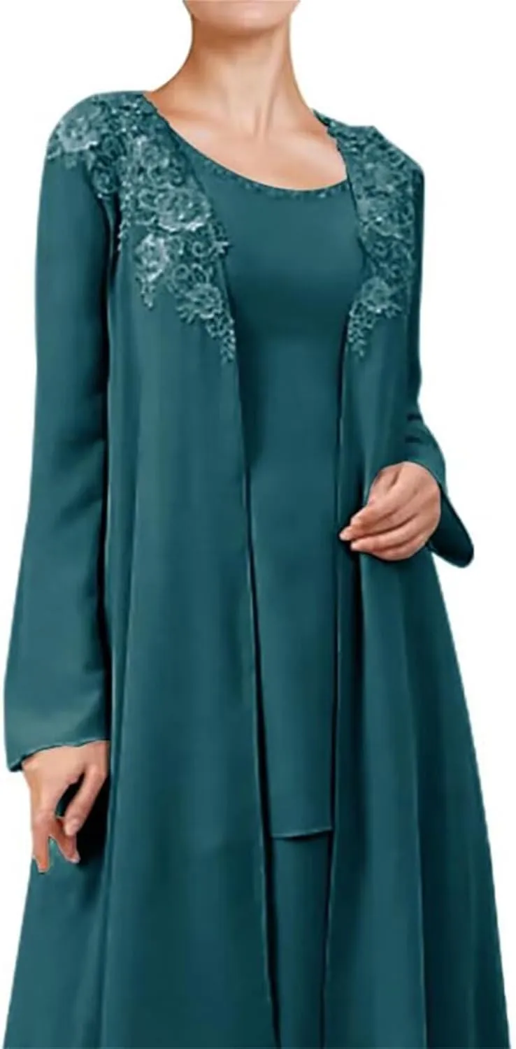 3 Pieces Mother of The Bride Dresses Pant Suits for Wedding Lace Chiffon Long Formal Gown Outfit Set with Jacket