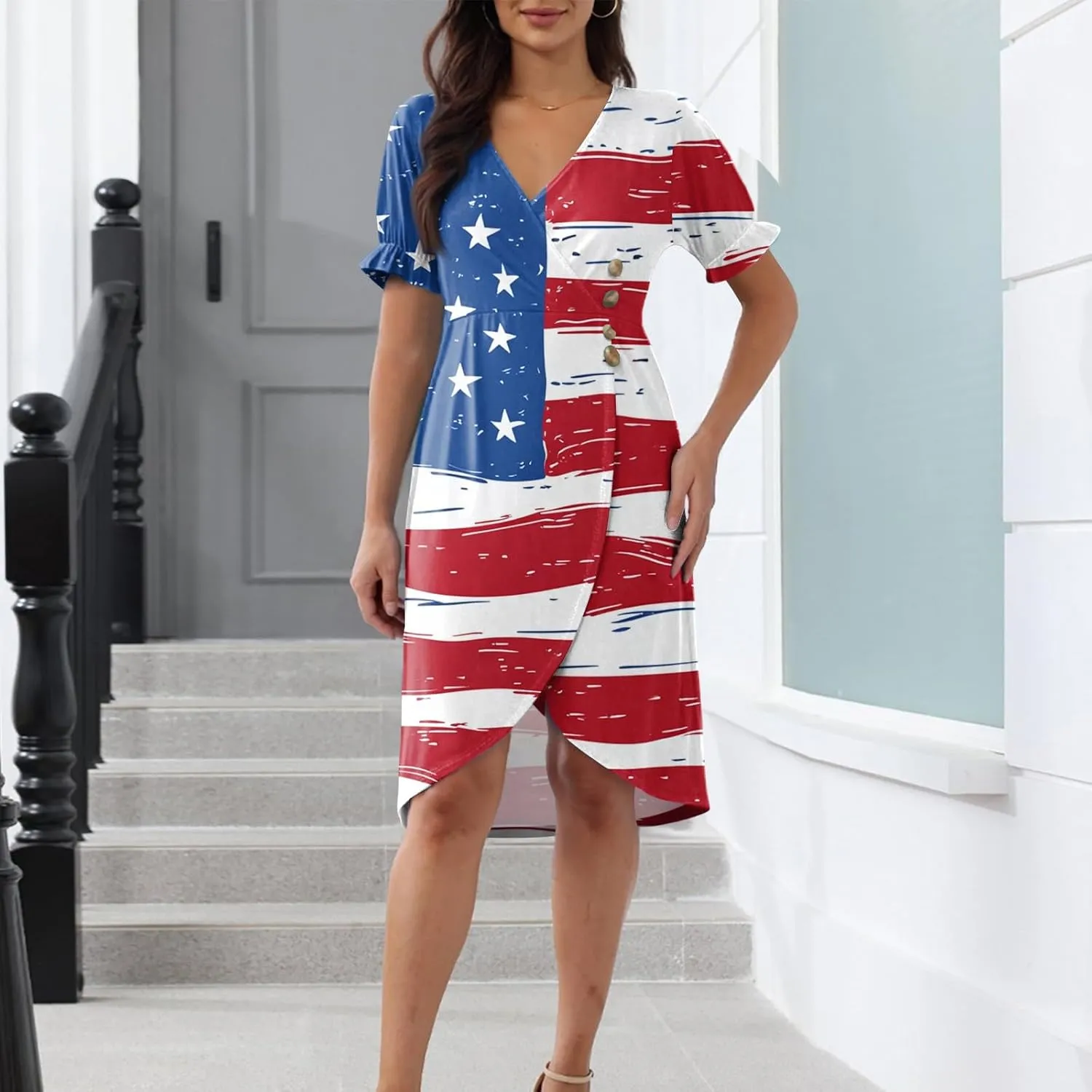4Th July Dress Women Midi Red White and Blue Dresses Short Sleeve USA Flag Dress Holiday Festival Dresses
