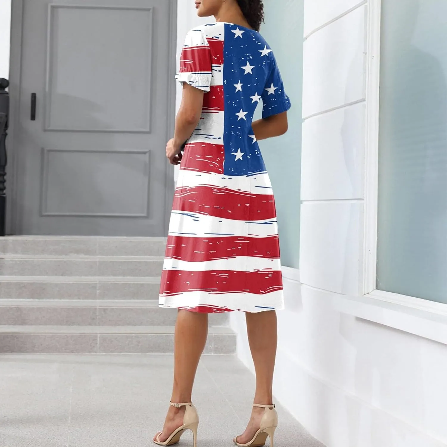 4Th July Dress Women Midi Red White and Blue Dresses Short Sleeve USA Flag Dress Holiday Festival Dresses