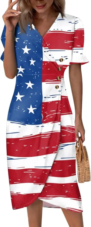 4Th July Dress Women Midi Red White and Blue Dresses Short Sleeve USA Flag Dress Holiday Festival Dresses