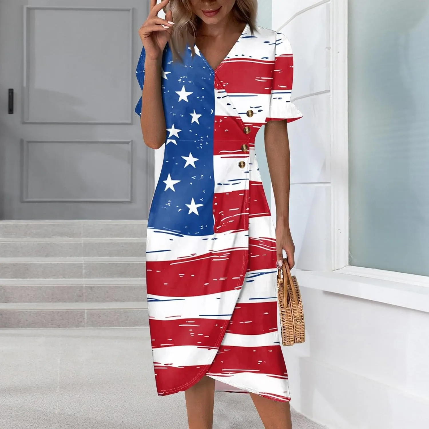 4Th July Dress Women Midi Red White and Blue Dresses Short Sleeve USA Flag Dress Holiday Festival Dresses