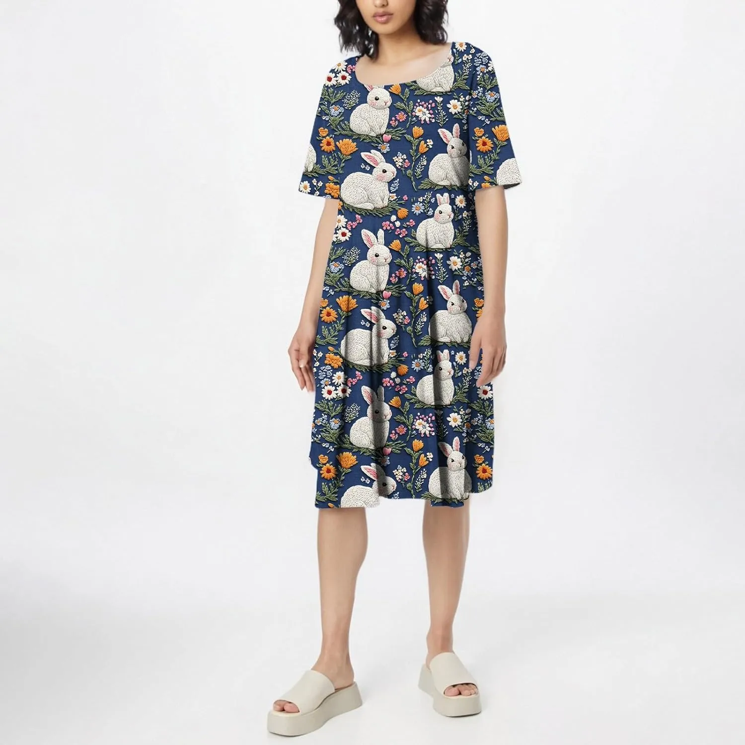 4th of July Dresses for Women midi red White and Blue Summer Dress Round Neck a line Short Sleeve Formal Dress Elegant