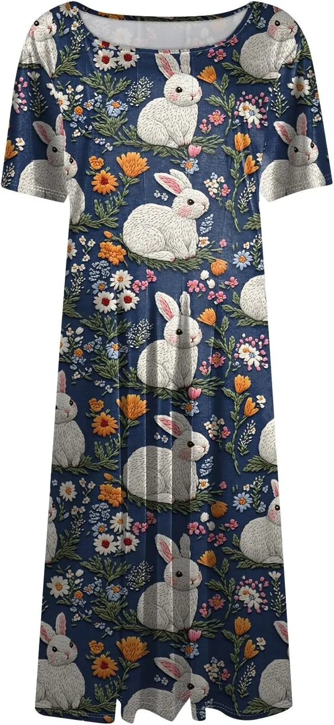 4th of July Dresses for Women midi red White and Blue Summer Dress Round Neck a line Short Sleeve Formal Dress Elegant