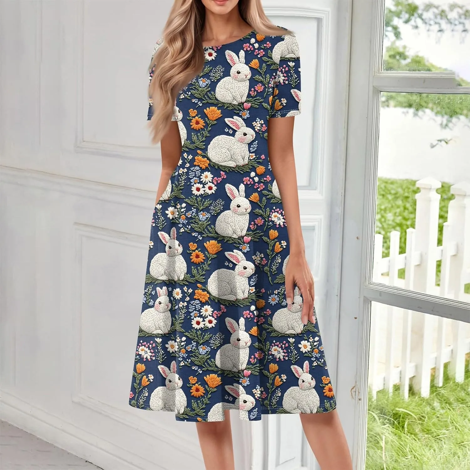 4th of July Dresses for Women midi red White and Blue Summer Dress Round Neck a line Short Sleeve Formal Dress Elegant