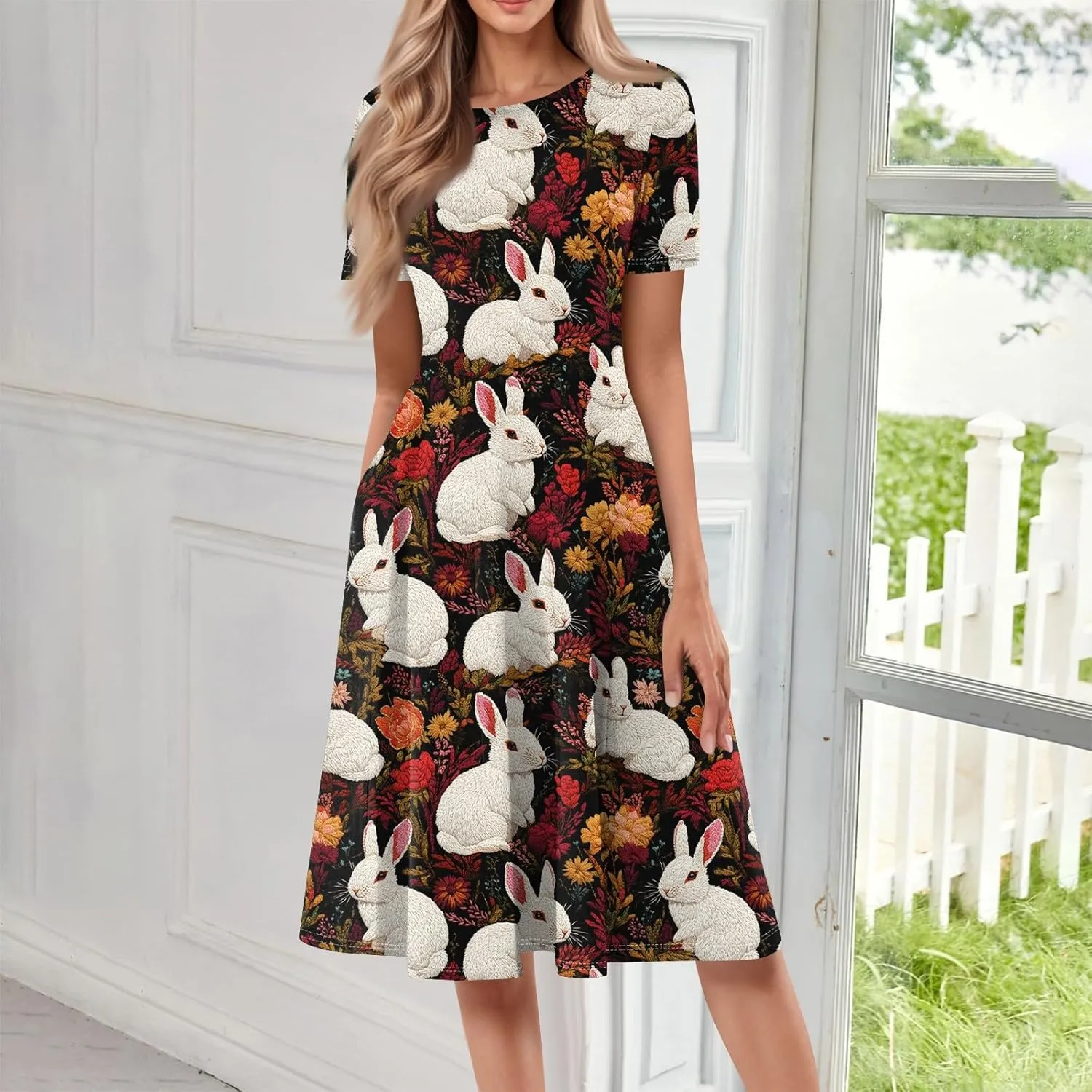 4th of July Dresses for Women midi red White and Blue Summer Dress Short Sleeve a line Round Neck Formal Dress Elegant