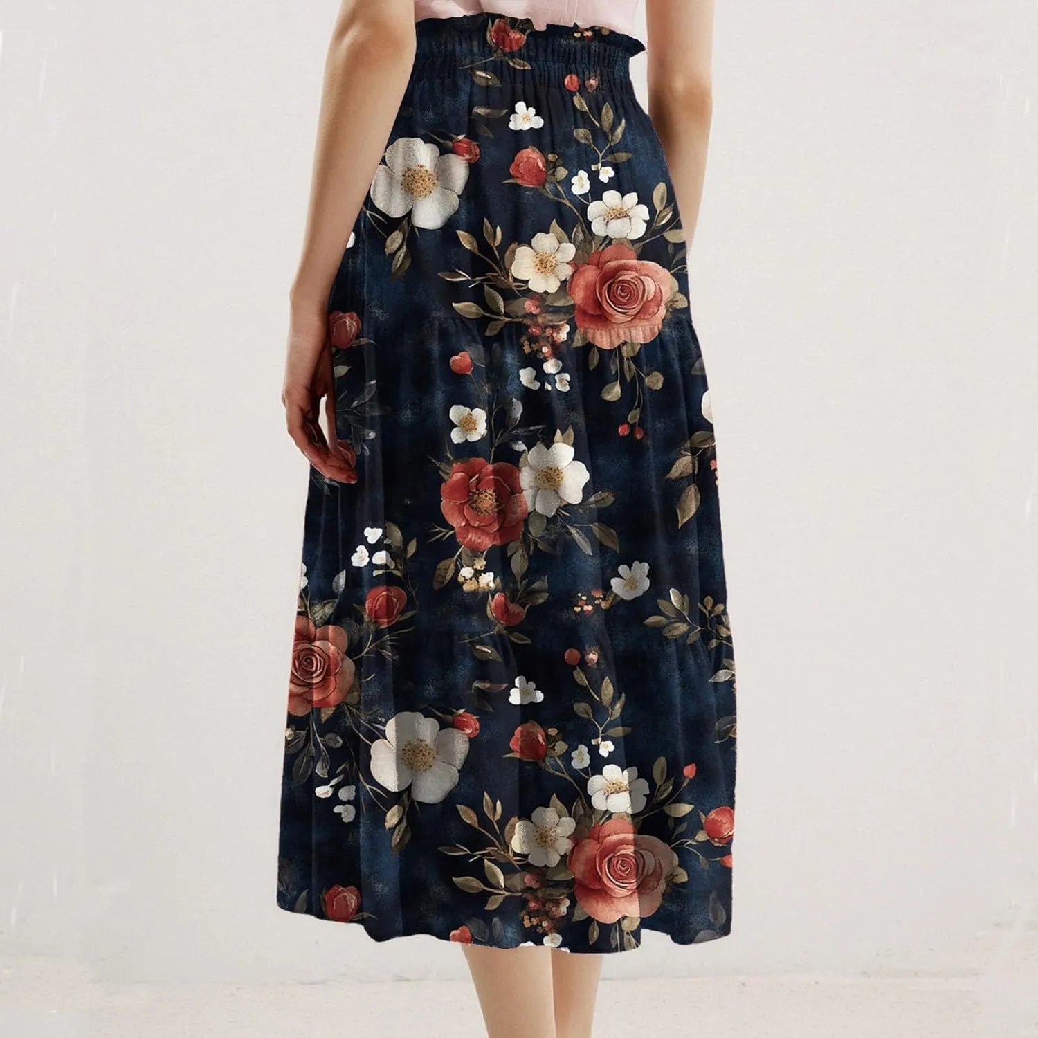 ADHOWBEW Floral Maxi Skirt for Women Trendy Flowy Sexy Elastic Waist High Waist Cotton Bohemian Skirts