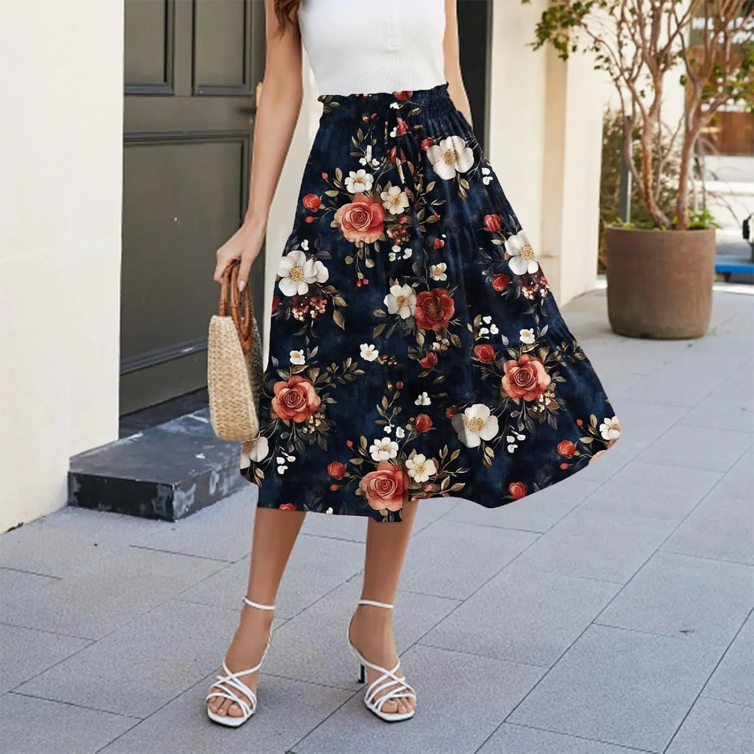 ADHOWBEW Floral Maxi Skirt for Women Trendy Flowy Sexy Elastic Waist High Waist Cotton Bohemian Skirts
