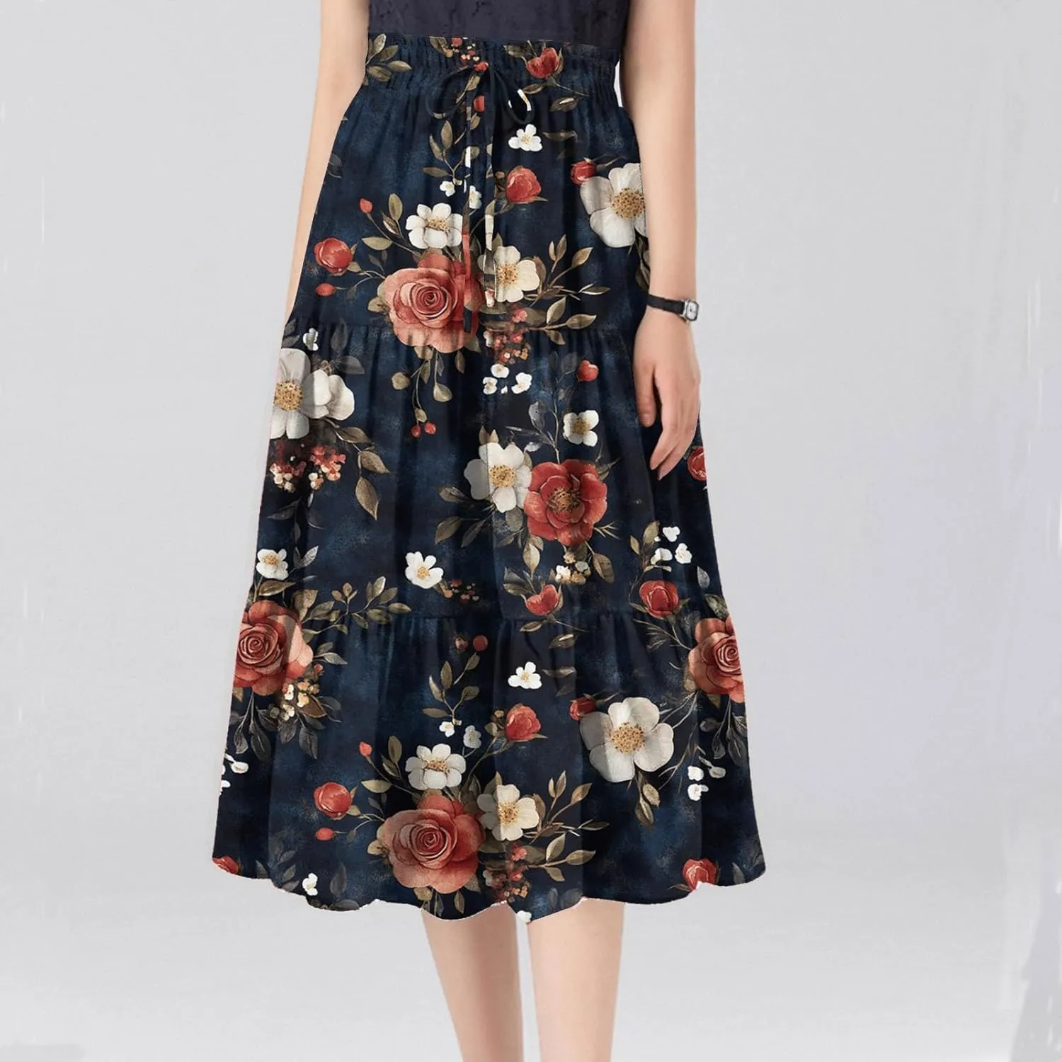 ADHOWBEW Floral Maxi Skirt for Women Trendy Flowy Sexy Elastic Waist High Waist Cotton Bohemian Skirts