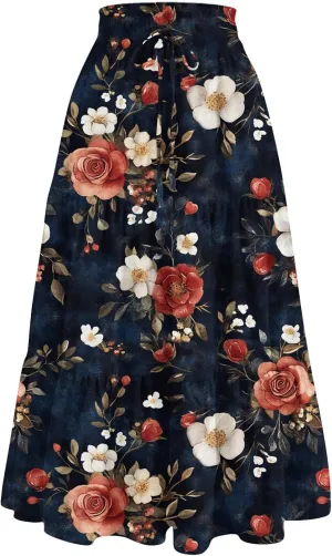 ADHOWBEW Floral Maxi Skirt for Women Trendy Flowy Sexy Elastic Waist High Waist Cotton Bohemian Skirts