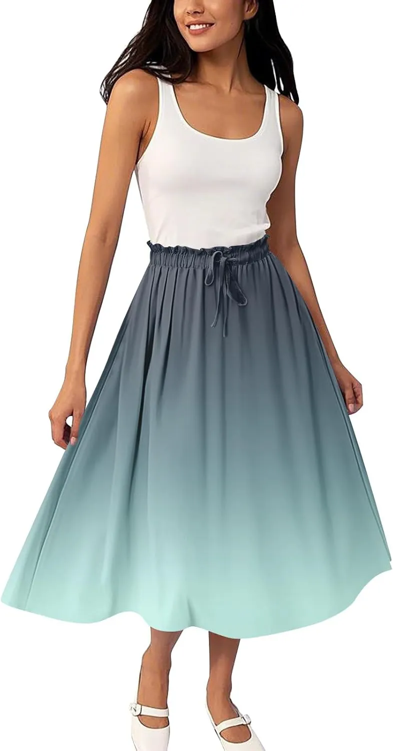 ADHOWBEW Long Skirts for Women Summer Smocked Flowy Sexy Floral Print Casual Cotton Bohemian High Waist Skirts