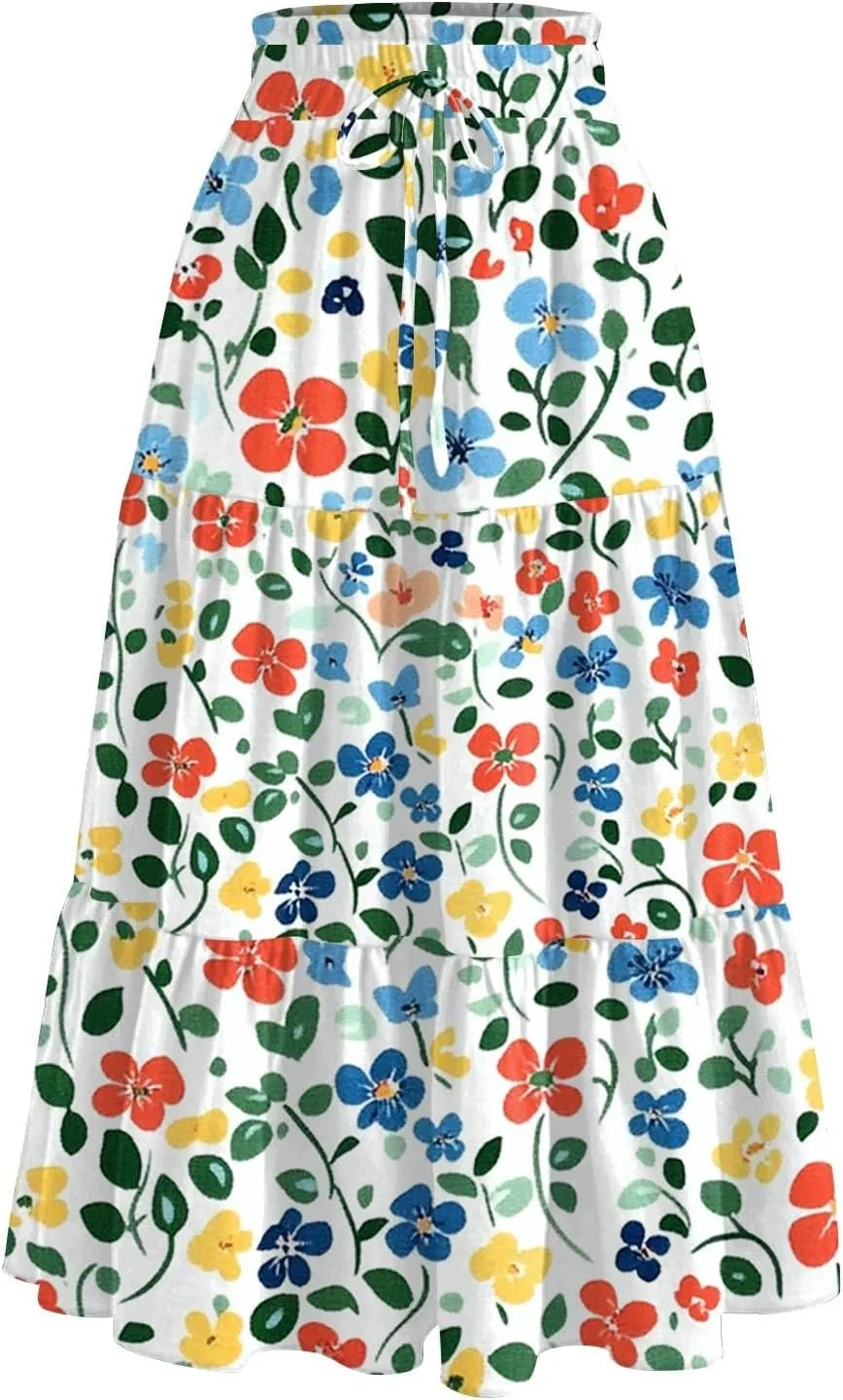 ADHOWBEW Maxi Skirts for Women Summer Beach Cotton Casual Floral Print Trendy Smocked High Waist Skirts