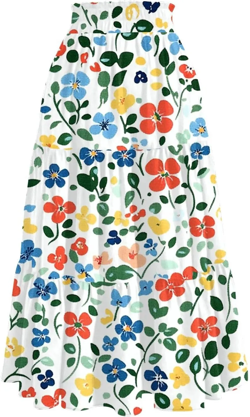 ADHOWBEW Maxi Skirts for Women Summer Beach Cotton Casual Floral Print Trendy Smocked High Waist Skirts