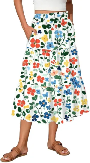 ADHOWBEW Maxi Skirts for Women Summer Beach Cotton Casual Floral Print Trendy Smocked High Waist Skirts